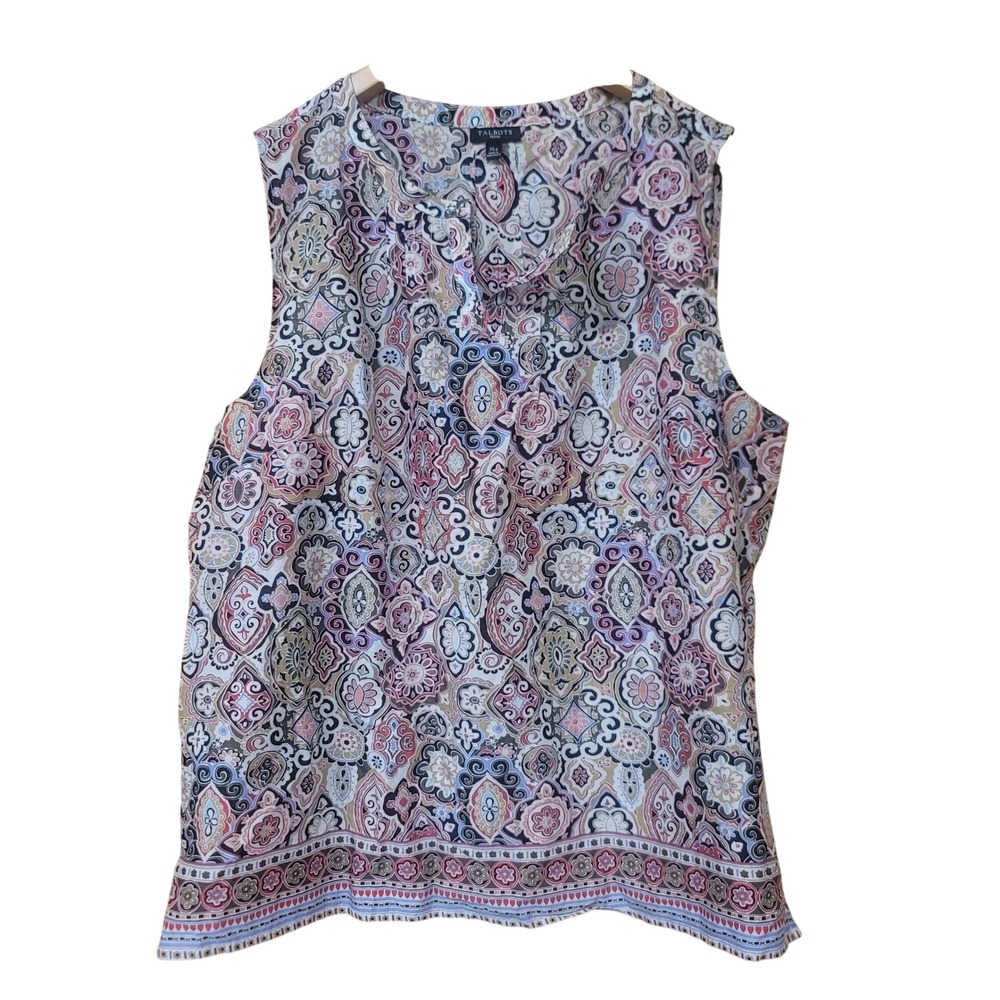 Talbots Boho Lightweight Sleeveless Blouse Pink Blue Paisley Medallion Petite XL